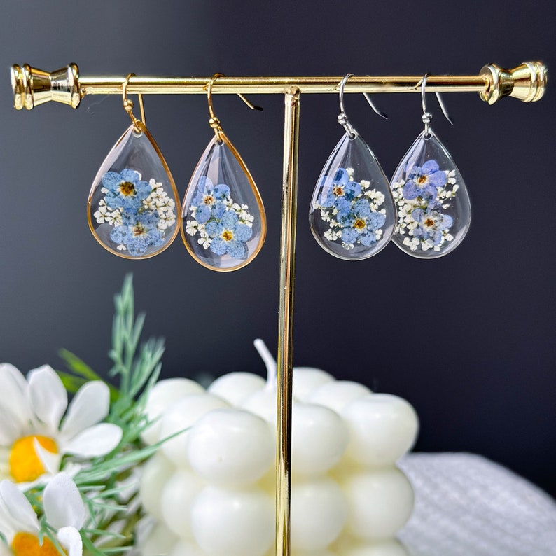 Forget Me Not Resin Flower Earrings, Handmade Pressed Real Flower Resin Earrings, Dired Flower Earrings,Dangle Drop Earrings, Birthday Gifts