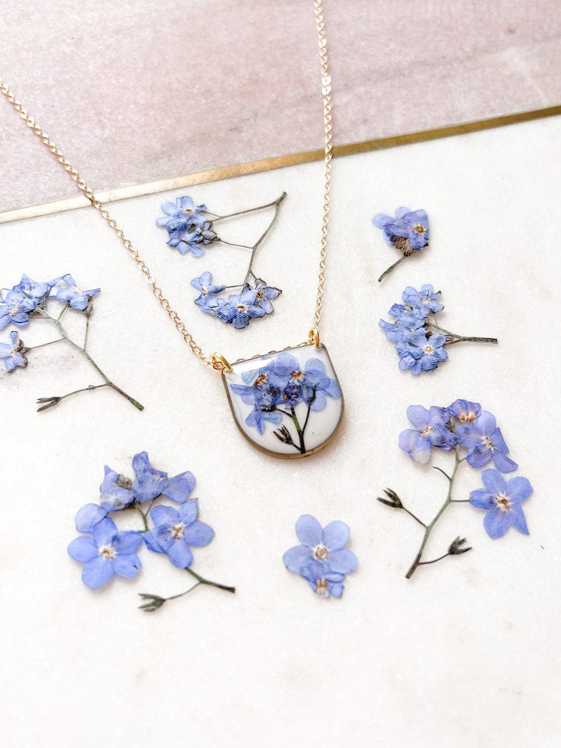 Pressed flower forget-me-not necklace on 22k gold plated chain / botanical jewellery / bridesmaid