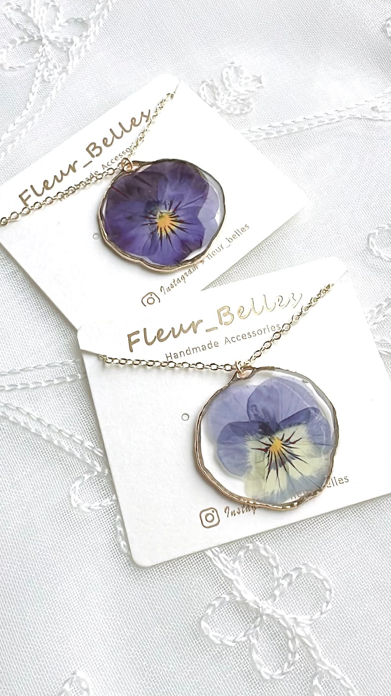 Pressed Flowers Necklace Pansy Viola Purple Blue 14K Handmade Necklace, Real Pressed Flowers, Gifts for her