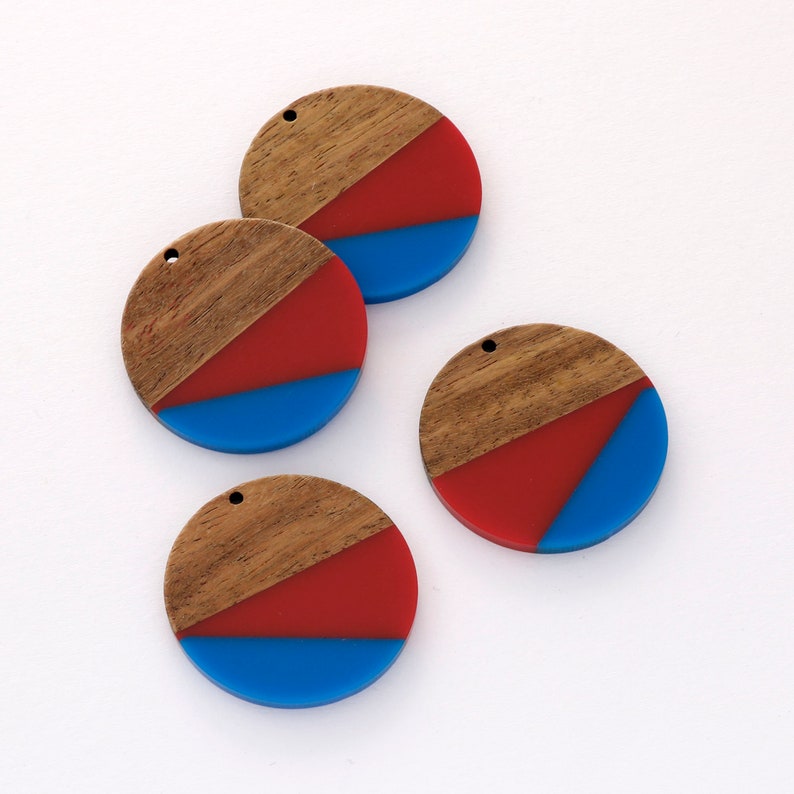 4pcs Epoxy Resin Pendants, Round Circle ranslucent White Resin Findings, Wood and Resin Pendant, Color Blocked, Large Round Charm