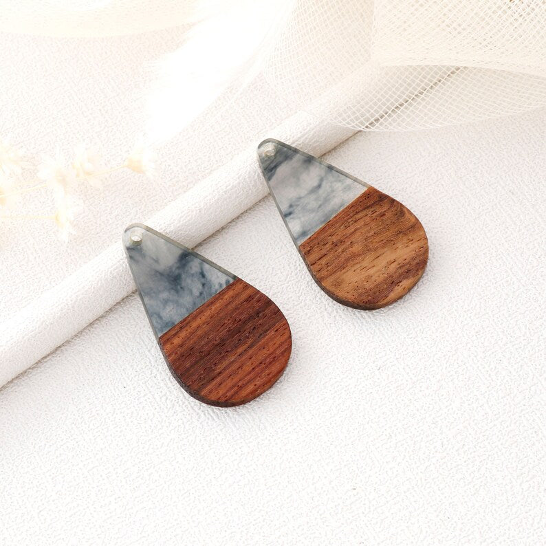 4pcs Epoxy Resin Pendants, Teardrop Translucent White Resin Findings, Wood and Resin Pendant, Color Blocked, Teardrop Charm