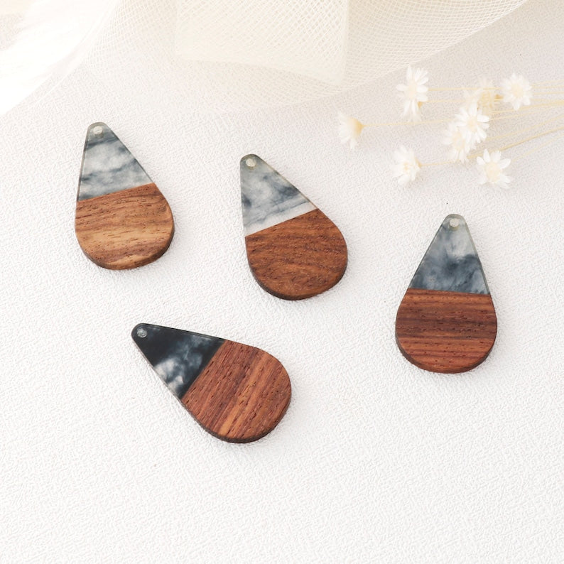 4pcs Epoxy Resin Pendants, Teardrop Translucent White Resin Findings, Wood and Resin Pendant, Color Blocked, Teardrop Charm