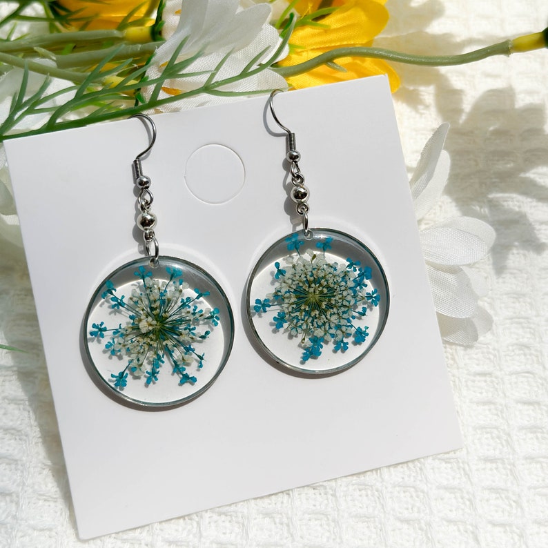 Lace Resin Flower Earrings, Handmade Pressed Real Flower Resin Earrings, Dired Flower Silver Earring, Moon Dangle Drop Earring, Gift for Her