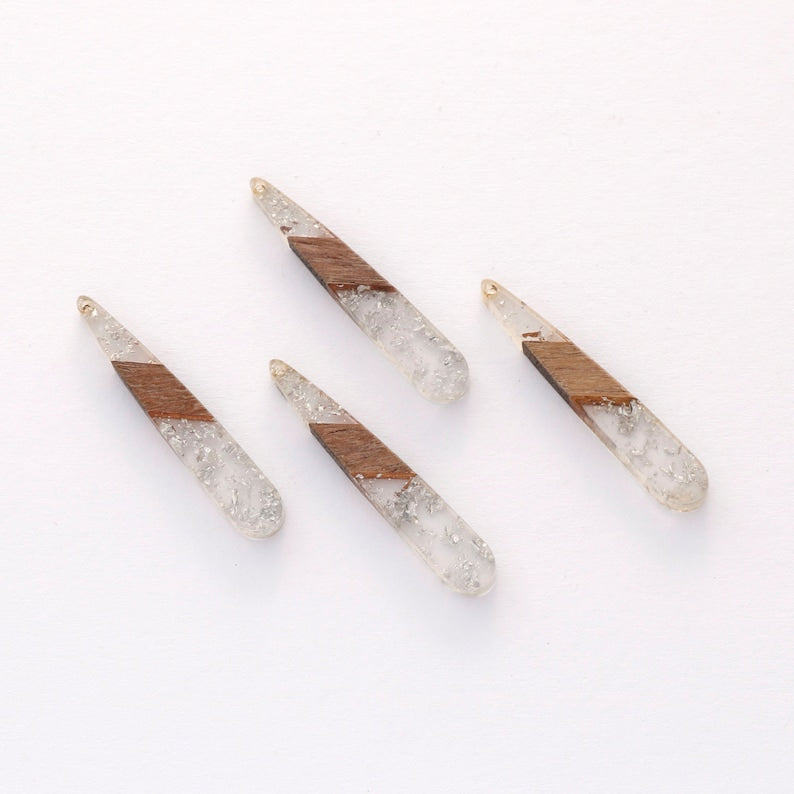 4pcs Epoxy Resin Pendants, Long Stick Translucent White Resin Findings, Wood and Resin Pendant, Color Blocked, Long BarCharm