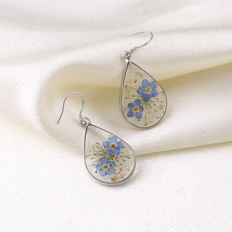 Forget-me-not Flower earrings, Dry Pressed Flower Sterling Silver Earrings, Handmade Real Flower Jewelry, Girly Gift, Non-allergenic