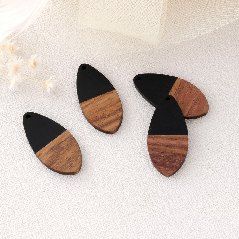 4pcs Epoxy Resin Pendants, Teardrop Translucent White Resin Findings, Wood and Resin Pendant, Color Blocked, Teardrop Charm