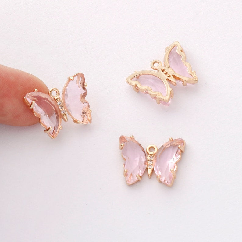 6pcs Gold Plated Crystal Butterfly Charm, Glass Butterfly Pendant, Animal Insects Finding, 15x20mm (big), Jewelry makeing, DIY material