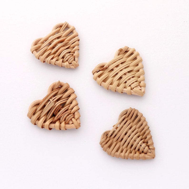 4pcs Natural Rattan Wood Earring Hoops,Heart Wooden Charms Handwoven Circle Findings Woven Boho Jewelry Making Blanks