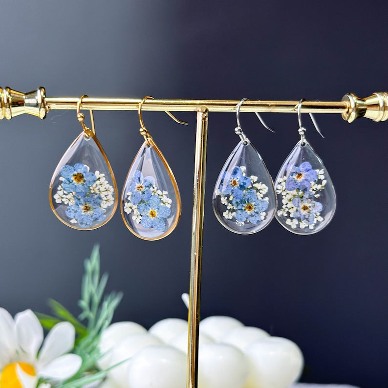 Forget Me Not Resin Flower Earrings, Handmade Pressed Real Flower Resin Earrings, Dired Flower Earrings,Dangle Drop Earrings, Birthday Gifts