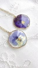 Pressed Flowers Necklace Pansy Viola Purple Blue 14K Handmade Necklace, Real Pressed Flowers, Gifts for her