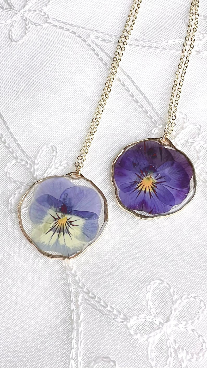 Pressed Flowers Necklace Pansy Viola Purple Blue 14K Handmade Necklace, Real Pressed Flowers, Gifts for her