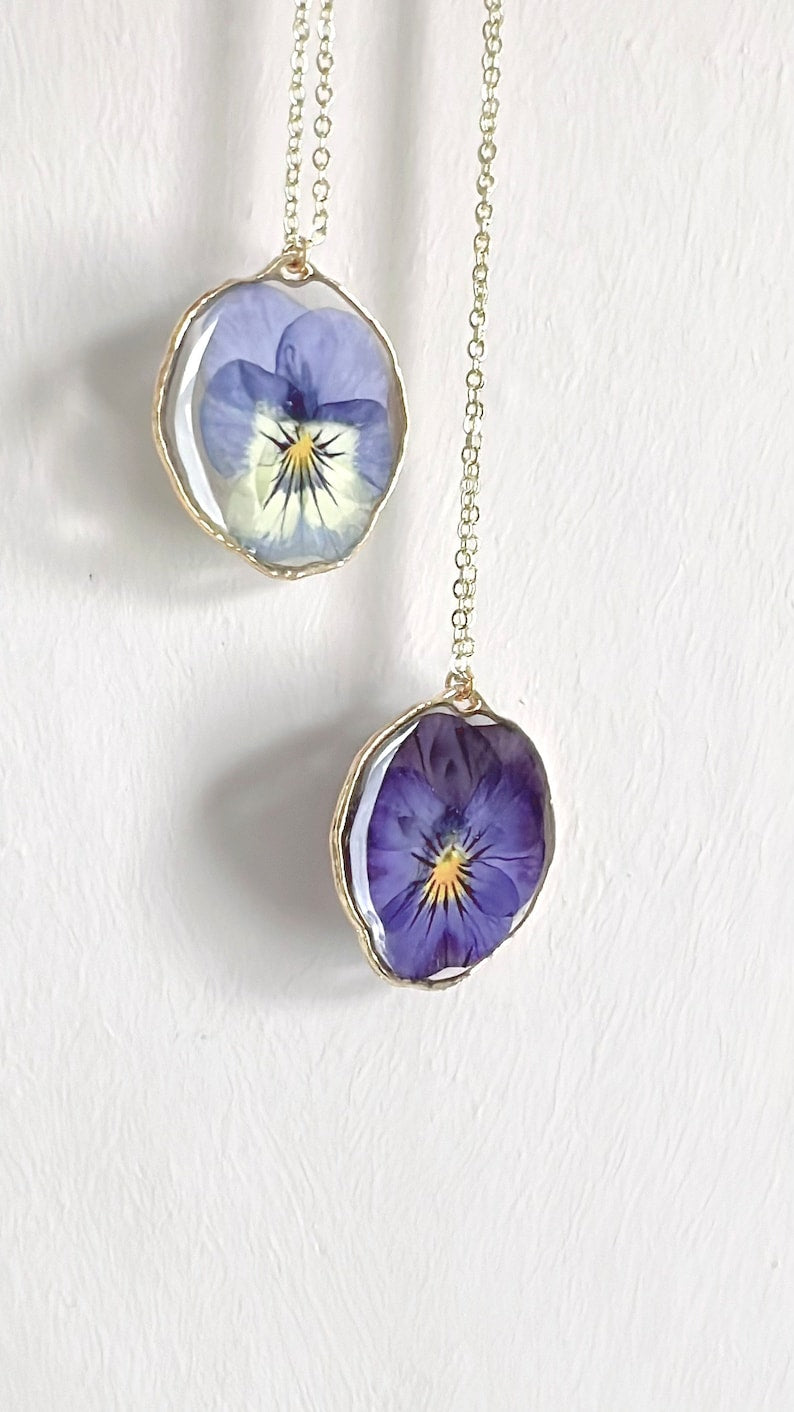 Pressed Flowers Necklace Pansy Viola Purple Blue 14K Handmade Necklace, Real Pressed Flowers, Gifts for her