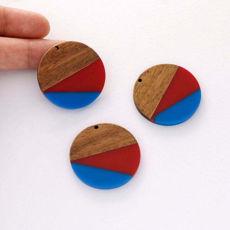 4pcs Epoxy Resin Pendants, Round Circle ranslucent White Resin Findings, Wood and Resin Pendant, Color Blocked, Large Round Charm