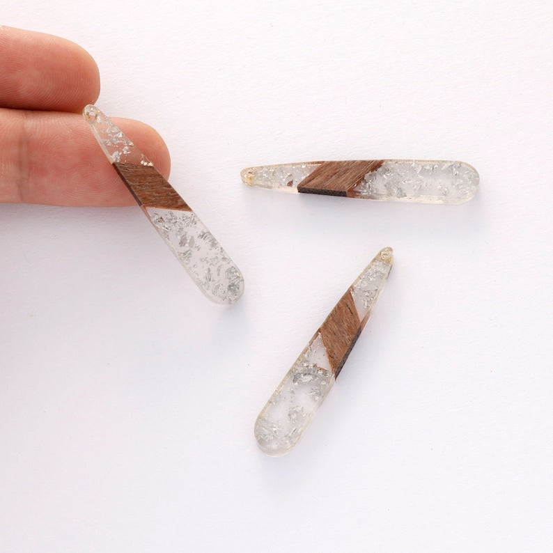 4pcs Epoxy Resin Pendants, Long Stick Translucent White Resin Findings, Wood and Resin Pendant, Color Blocked, Long BarCharm