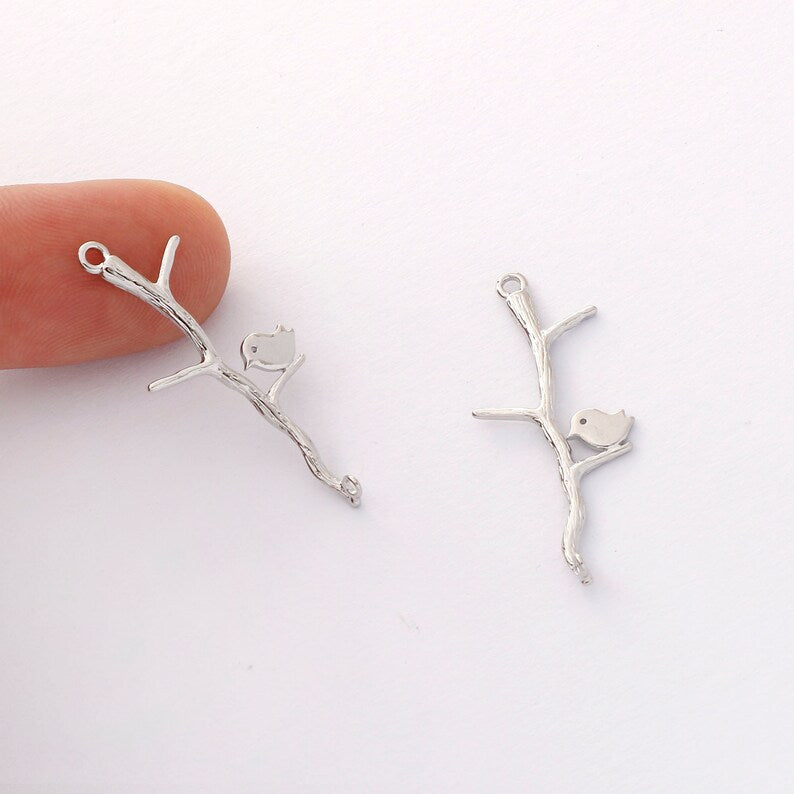 10pcs Platinum Plated Branch Charm, Birds on Tree Connector, Link, Birds Pendant, Finding