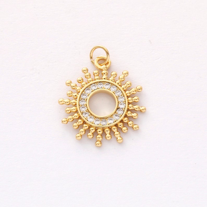 2pcs Real 18K Gold Plated Circle Charm,Gold Initial Charm,Vermeil Sun Pendant,cz Pave Sun Charm