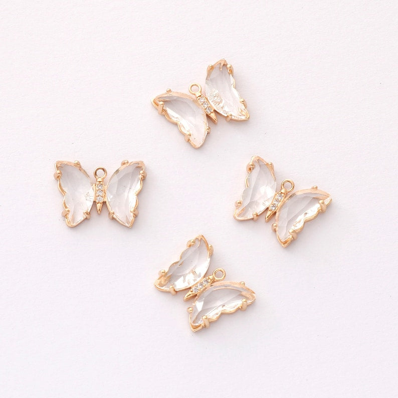 6pcs Gold Plated Crystal Butterfly Charm, Glass Butterfly Pendant, Animal Insects Finding, 15x20mm (big), Jewelry makeing, DIY material