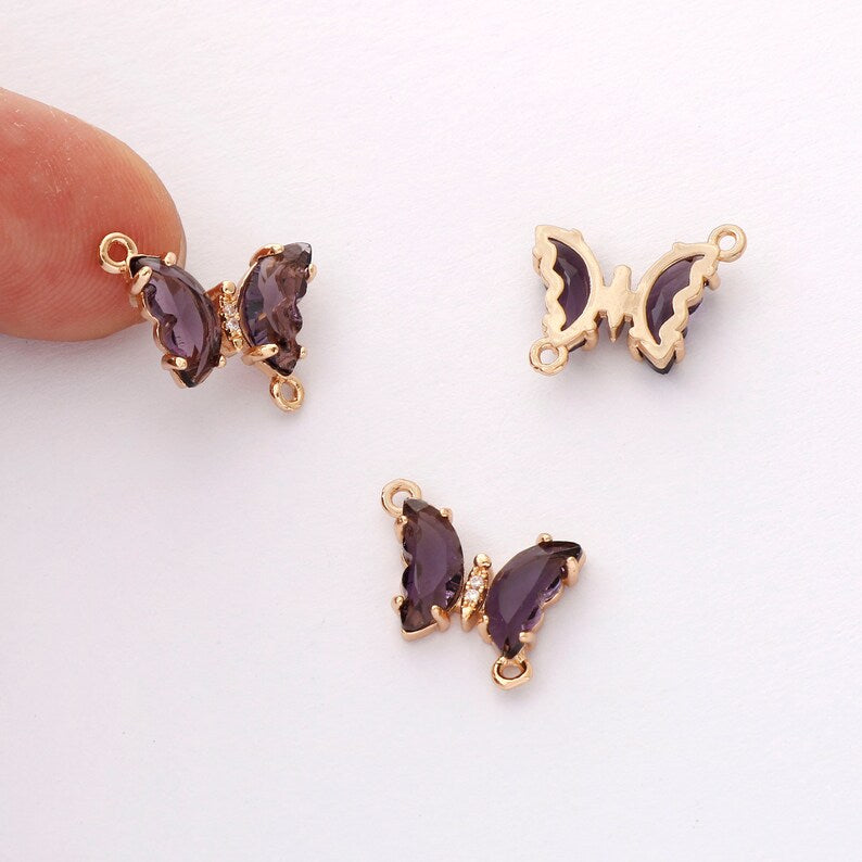 6pcs Gold Plated Crystal Butterfly Charm, Glass Butterfly Connector, Link, Animal Insects Finding, Jewelry makeing