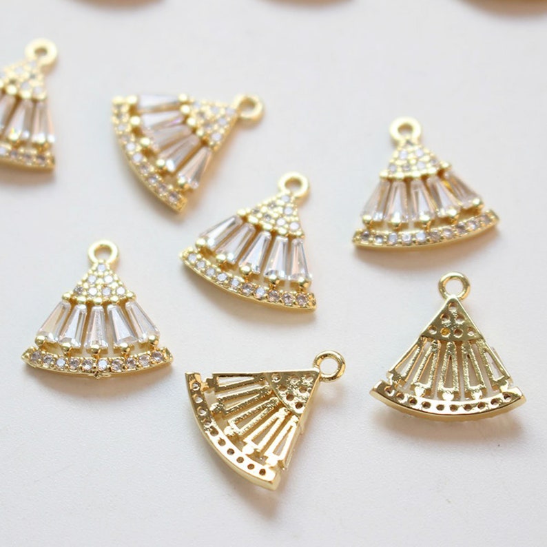 6pcs Real Gold Plated Fan Shape Charm,Zircon Fan Pendant,Bracelet Necklace Pendant,Pave Charm