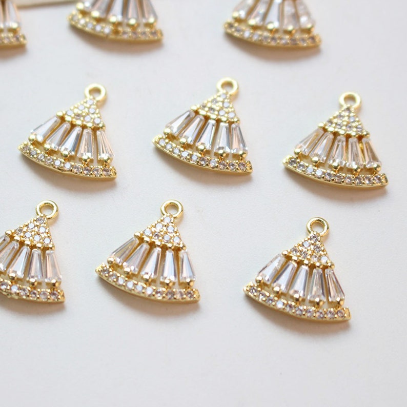 6pcs Real Gold Plated Fan Shape Charm,Zircon Fan Pendant,Bracelet Necklace Pendant,Pave Charm