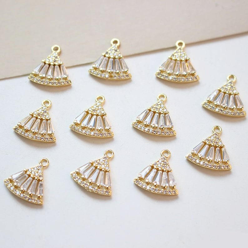 6pcs Real Gold Plated Fan Shape Charm,Zircon Fan Pendant,Bracelet Necklace Pendant,Pave Charm