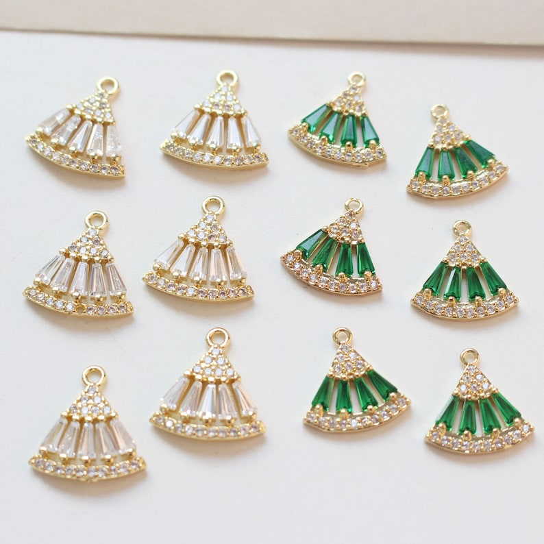 6pcs Real Gold Plated Fan Shape Charm,Zircon Fan Pendant,Bracelet Necklace Pendant,Pave Charm