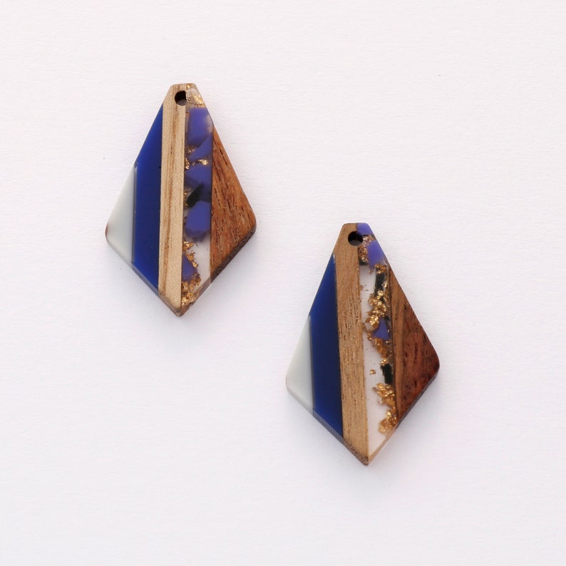 4pcs Epoxy Resin Pendants, Diamond Translucent Blue Resin Findings, Wood and Resin Pendant, Color Blocked, Diamond Charm