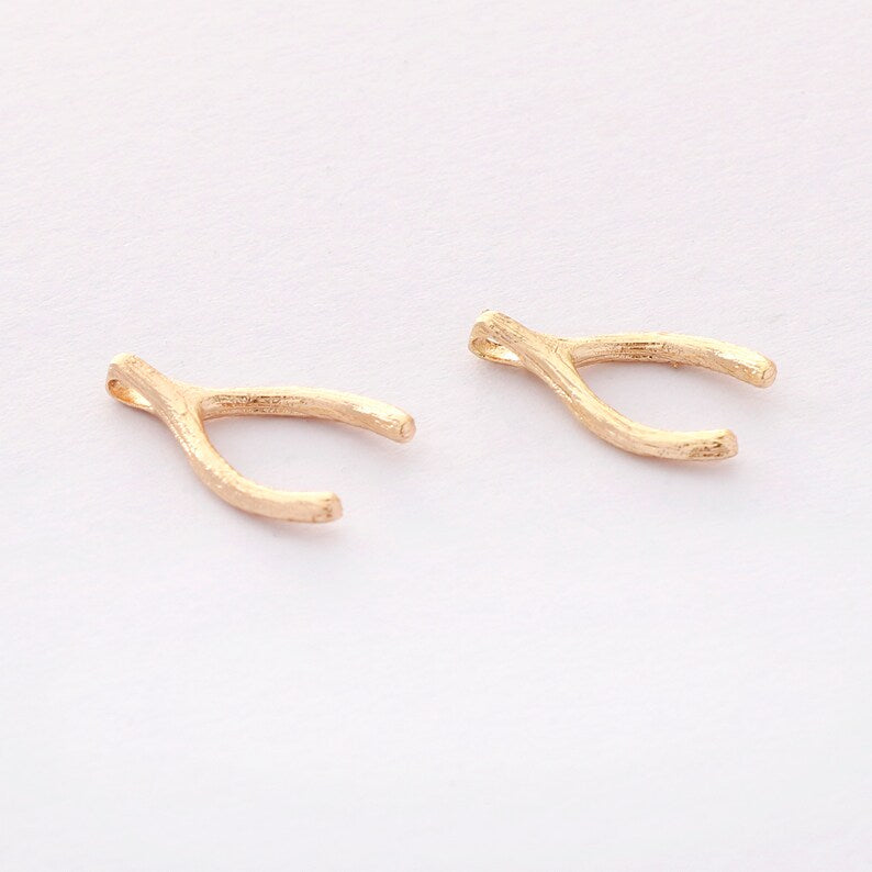 10pcs Real Gold Plated Brass Charm, Wish Bone Charm Pendant,Tiny Mini Wish Charm , Gold Wishbone