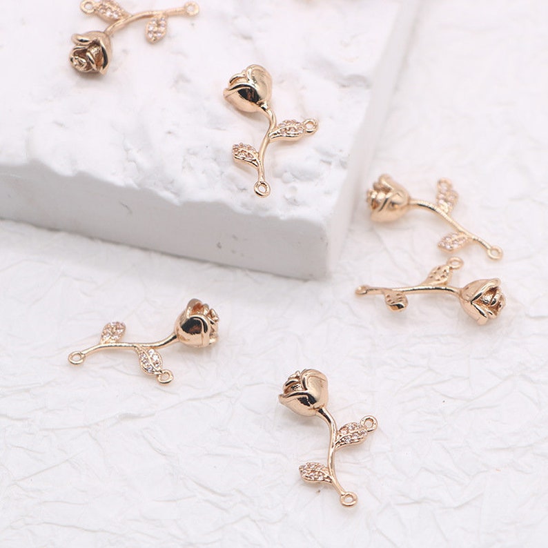 10pcs rose cz pave charm, Snowflake bracelet necklace pendant, pave charm, real gold plated over brass