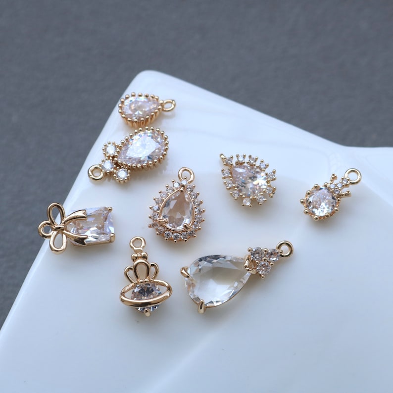 10pcs crown CZ Pave Charm, teardrop Zircon Connector Pendant , Jewelry Making, Zircon Leaves Material Craft Supplies