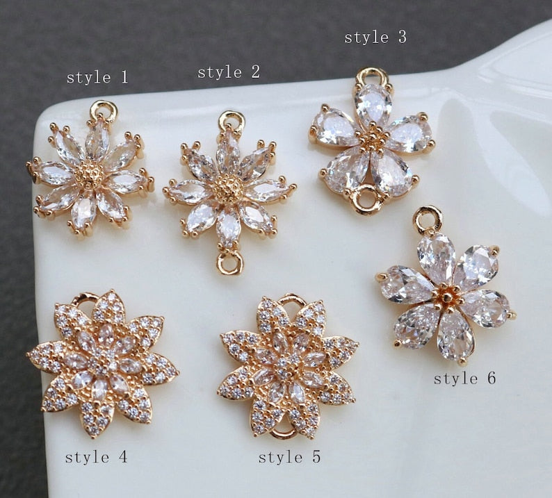 10pcs sunflower cz pave flower charm, bracelet necklace pendant,pave charm, gold plated over brass, crystal pendant