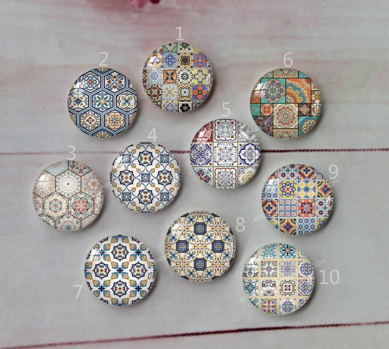 Handmade Round Photo Glass Cabochon geometric Pattern A554