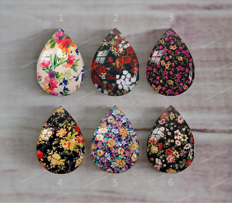 Handmade Teardrop Photo Glass Cabochons Plant flower A331