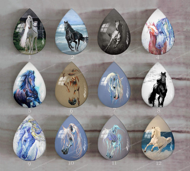 Handmade Teardrop Photo Glass Cabochons Animal horse A604