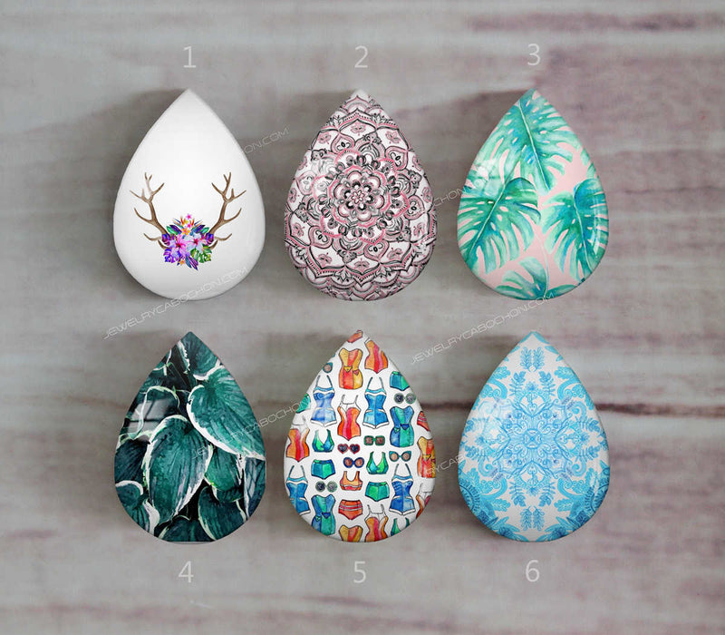 Handmade Teardrop Photo Glass Cabochons Plant flower leaves a341