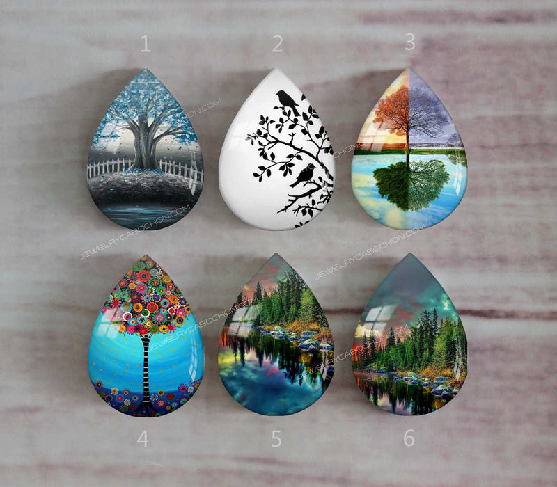 Handmade Teardrop Photo Glass Cabochons Plant tree A349