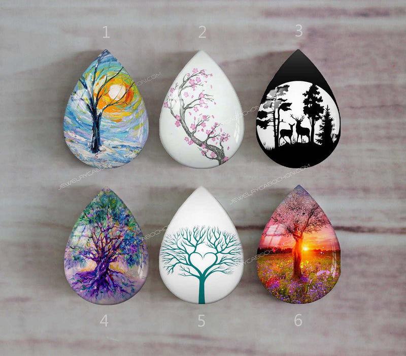 Handmade Teardrop Photo Glass Cabochons Plant tree A370