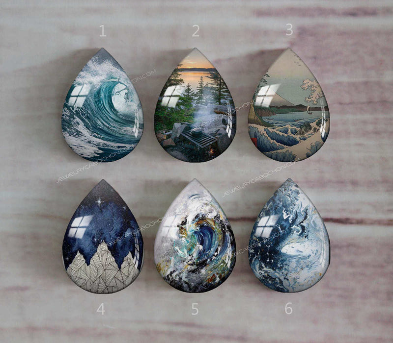 Handmade Teardrop Photo Glass Cabochons Ocean waves A372