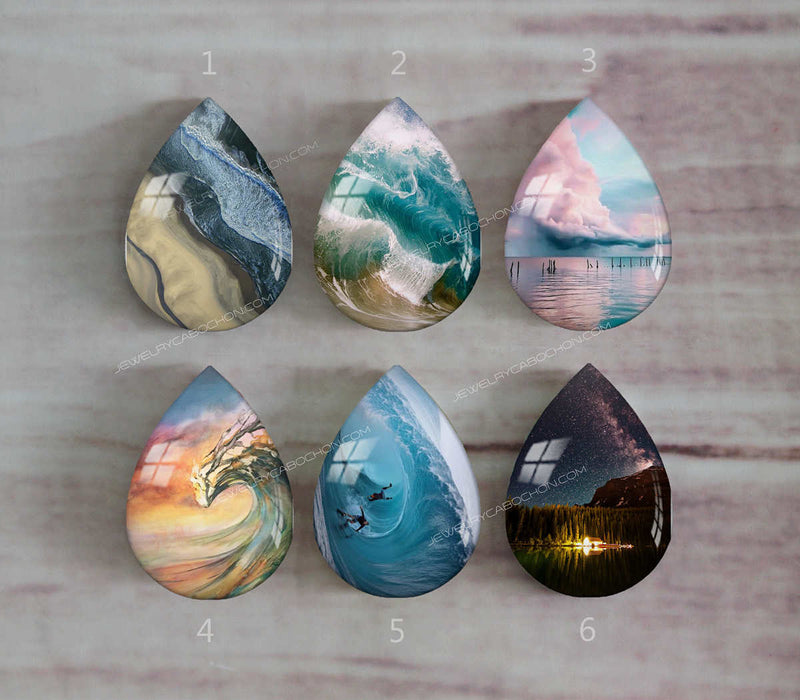 Handmade Teardrop Photo Glass Cabochons Ocean waves A380