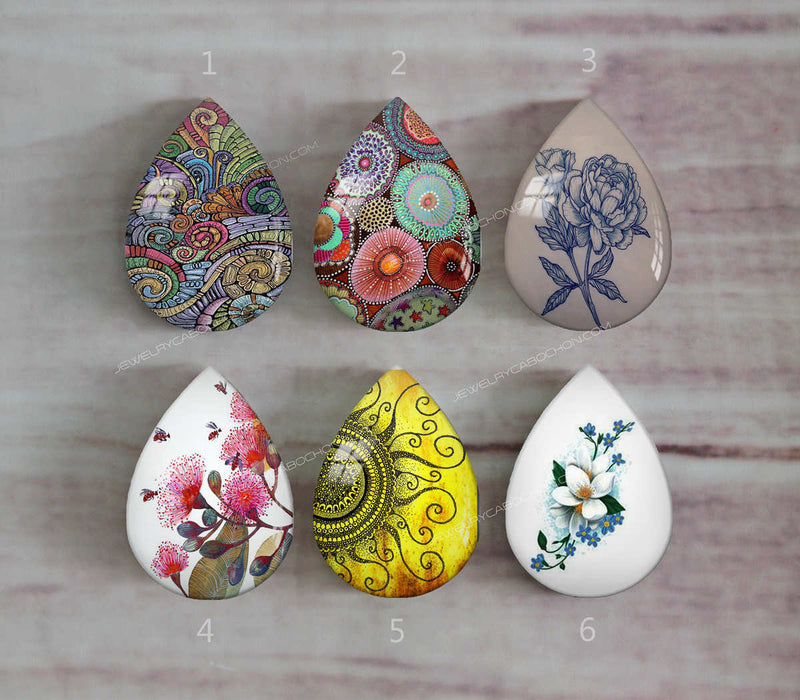 Handmade Teardrop Photo Glass Cabochons Plant flower A392