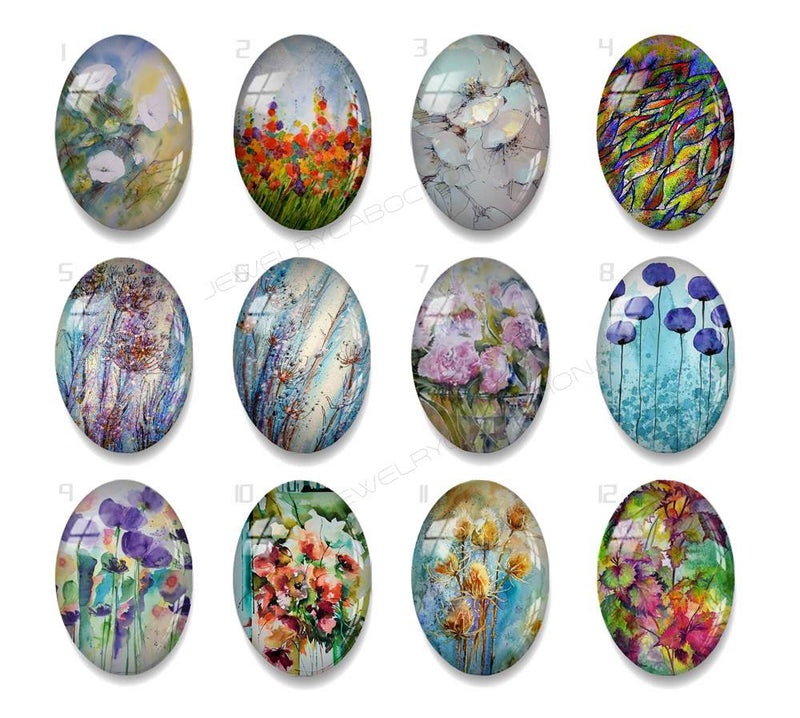 Handmade oval Photo Glass Cabochons Leaves flower A651