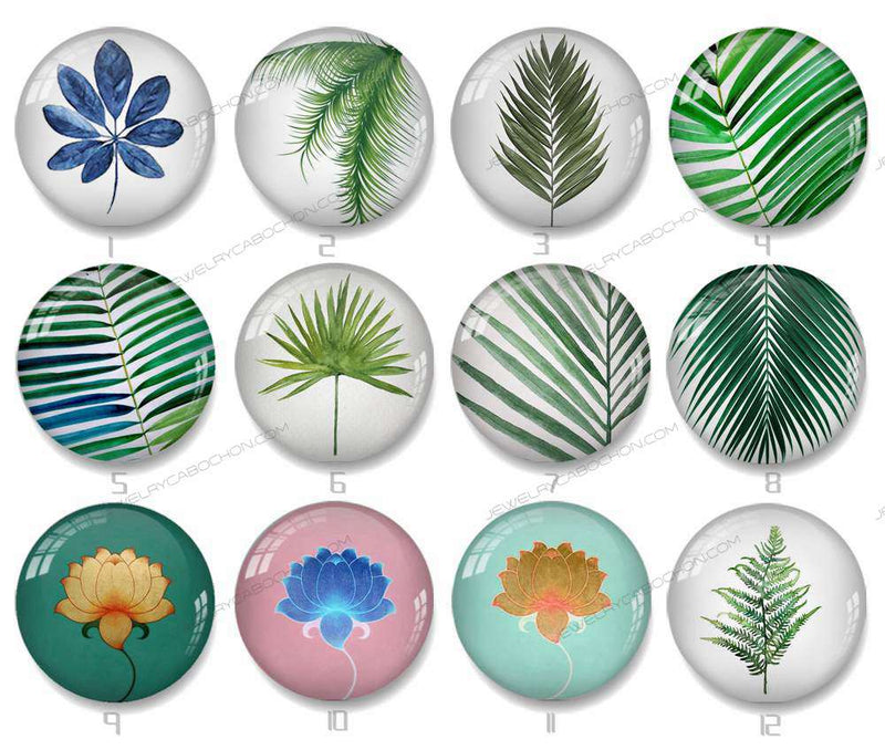 Handmade Round Photo Glass Cabochon Leaves 1126B