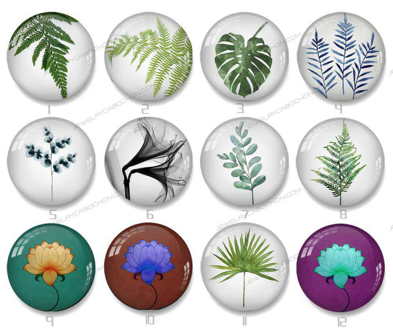 Handmade Round Photo Glass Cabochon Leaves 1127B