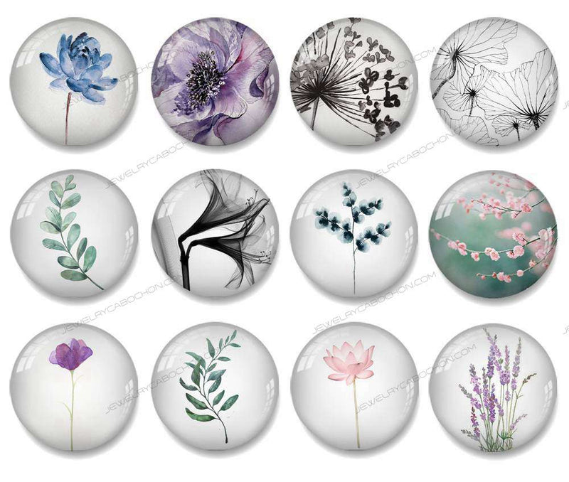 Handmade Round Photo Glass Cabochon flower Leaves 1129B