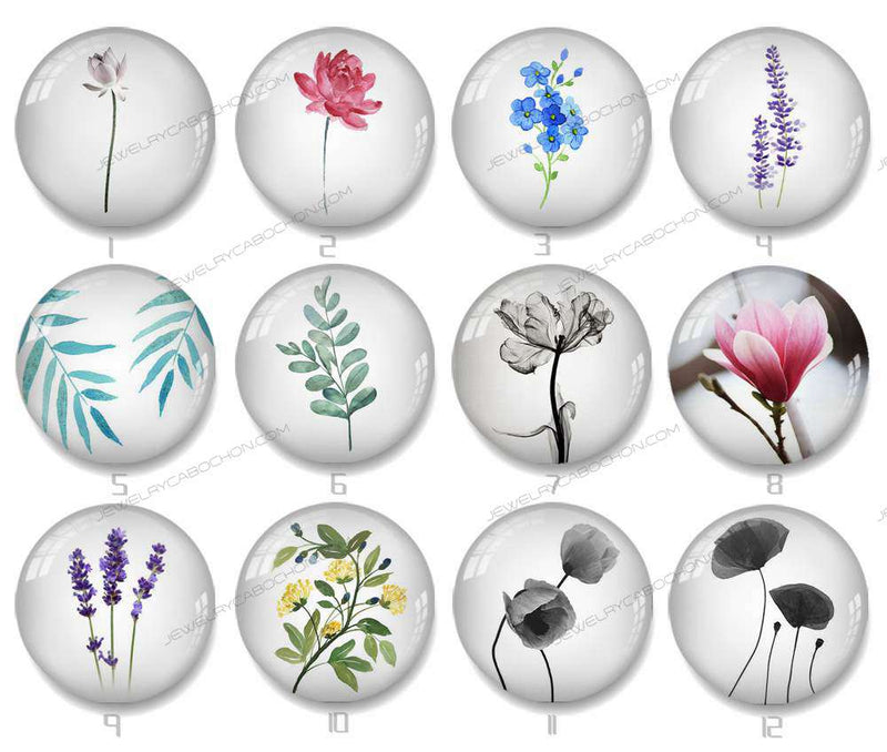 Handmade Round Photo Glass Cabochon flower Leaves 1131B