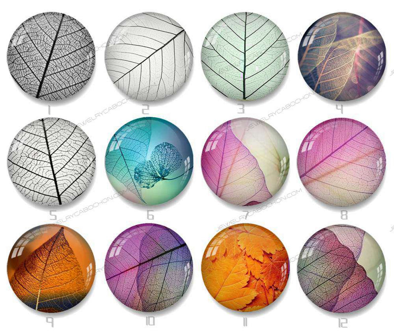 Handmade Round Photo Glass Cabochon Leaves 1145B