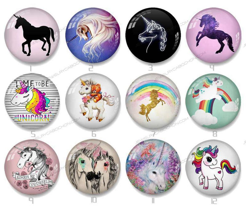 Handmade Round Photo Glass Cabochon unicorn 1290B