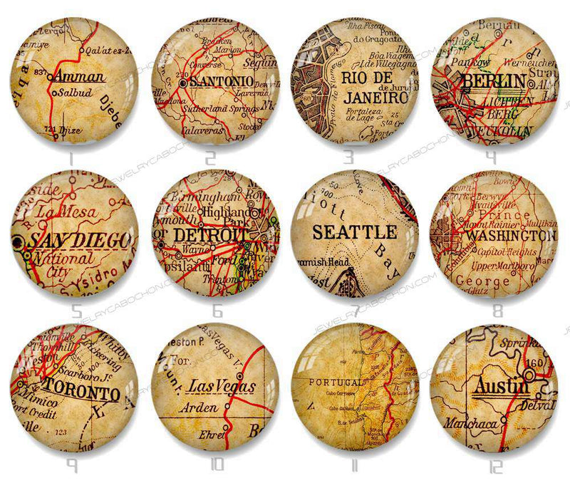 Handmade Round Photo Glass Cabochon map 1300B