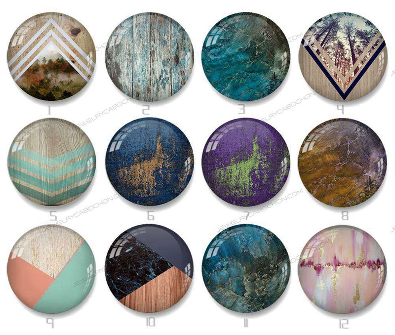 Handmade Round Photo Glass Cabochon geometric Wood grain 1329B