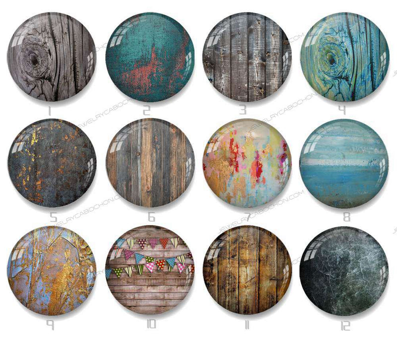 Handmade Round Photo Glass Cabochon geometric Wood grain 1330B